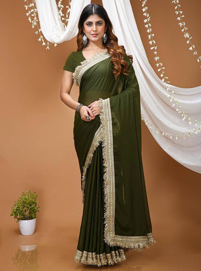 mehendi georgette embroidered zari work border sarees