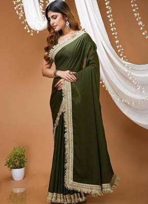mehendi georgette embroidered zari work border sarees 2