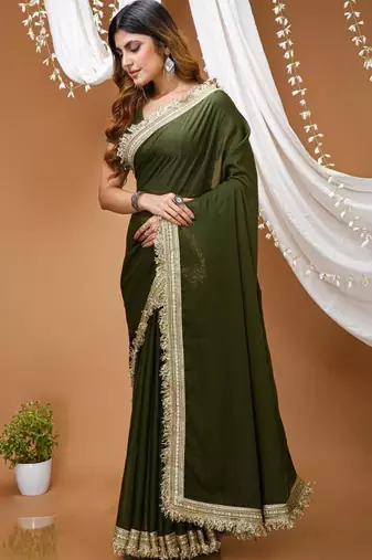 mehendi georgette embroidered zari work border sarees