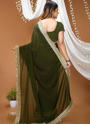 mehendi georgette embroidered zari work border sarees 3