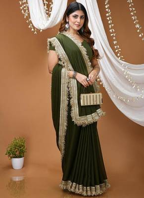 mehendi georgette embroidered zari work border sarees 4