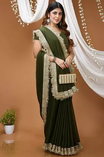 mehendi georgette embroidered zari work border sarees