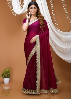 magenta georgette embroidered zari work border sarees 1