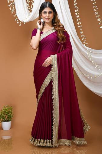 magenta georgette embroidered zari work border sarees