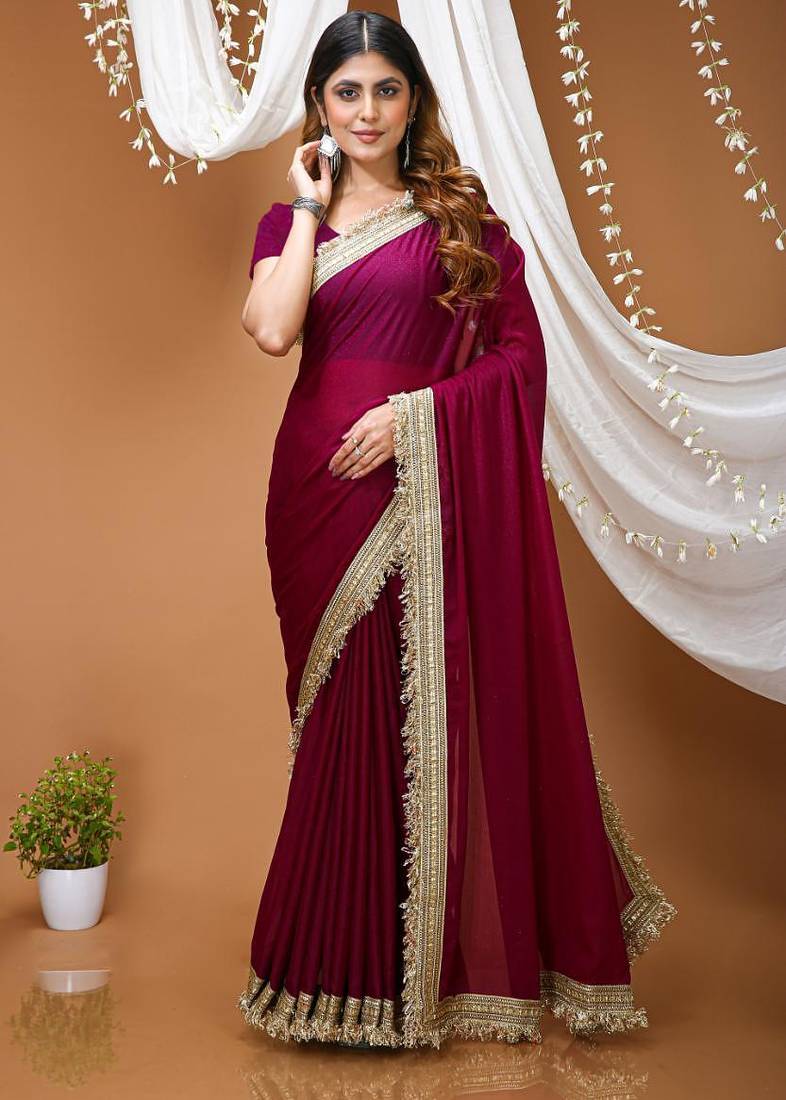 magenta georgette embroidered zari work border sarees