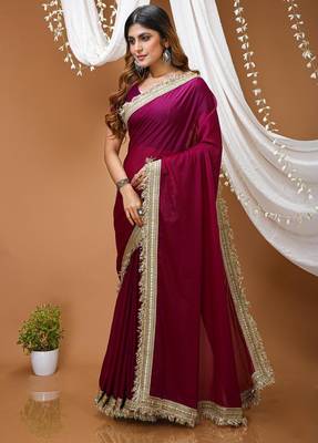 magenta georgette embroidered zari work border sarees 2