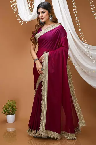 magenta georgette embroidered zari work border sarees