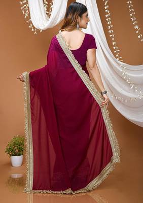 magenta georgette embroidered zari work border sarees 3