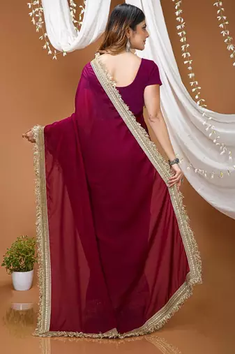 magenta georgette embroidered zari work border sarees