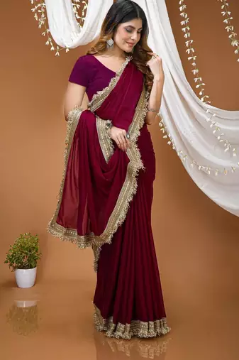 magenta georgette embroidered zari work border sarees
