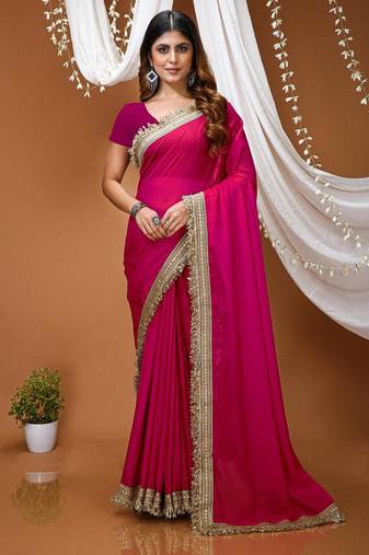 pink georgette embroidered zari work border sarees