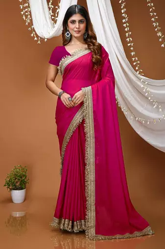 pink georgette embroidered zari work border sarees