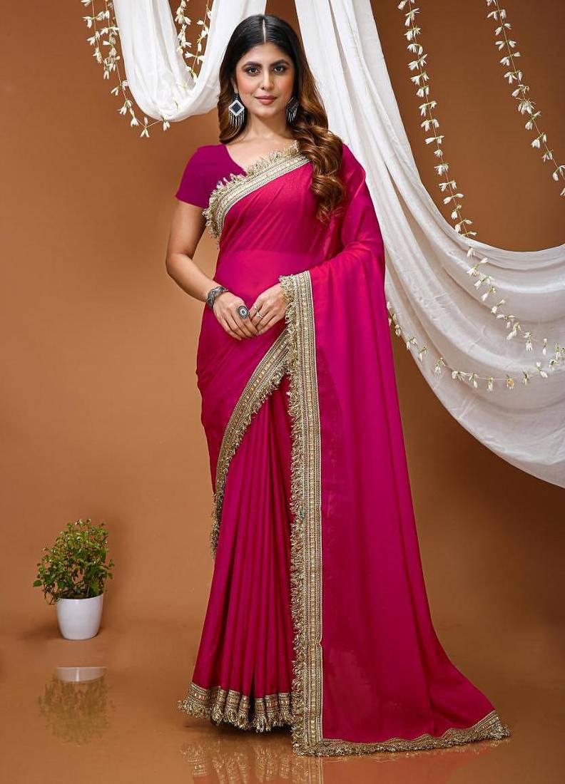 pink georgette embroidered zari work border sarees