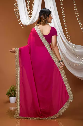 pink georgette embroidered zari work border sarees