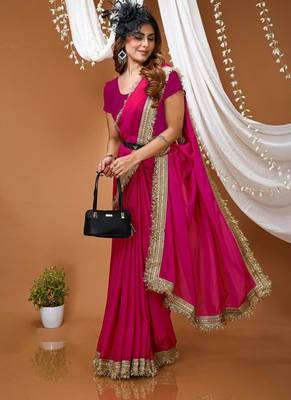 pink georgette embroidered zari work border sarees 3
