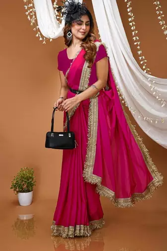 pink georgette embroidered zari work border sarees
