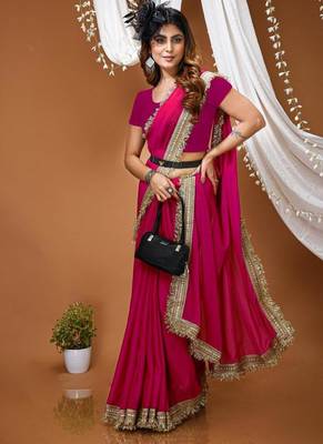 pink georgette embroidered zari work border sarees 4
