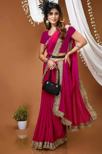 pink georgette embroidered zari work border sarees