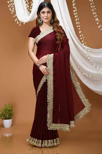maroon georgette embroidered zari work border sarees