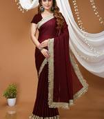 maroon georgette embroidered zari work border sarees