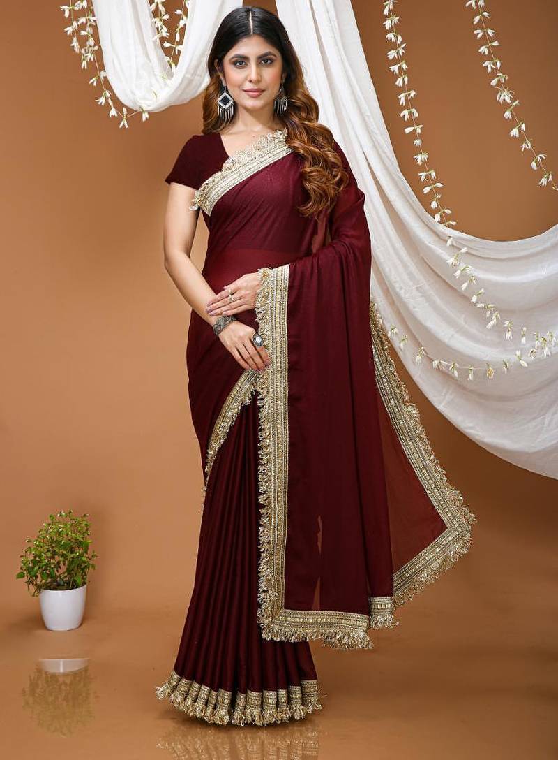 maroon georgette embroidered zari work border sarees