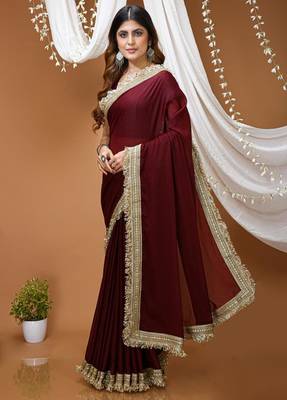 maroon georgette embroidered zari work border sarees 2
