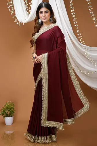 maroon georgette embroidered zari work border sarees