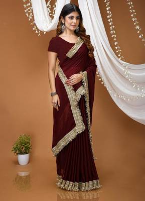 maroon georgette embroidered zari work border sarees 3