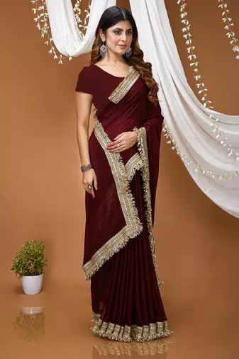 maroon georgette embroidered zari work border sarees