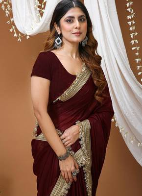 maroon georgette embroidered zari work border sarees 4