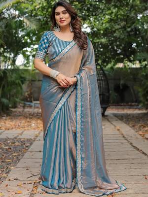 blue chiffon embroidered border saree with embroidered blouse 1