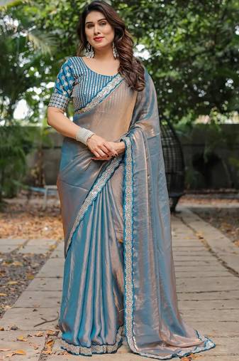 blue chiffon embroidered border saree with embroidered blouse