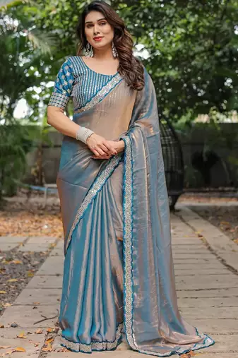 blue chiffon embroidered border saree with embroidered blouse