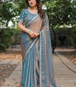 blue chiffon embroidered border saree with embroidered blouse
