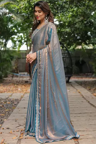blue chiffon embroidered border saree with embroidered blouse