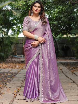 levender chiffon embroidered border saree with embroidered blouse 1