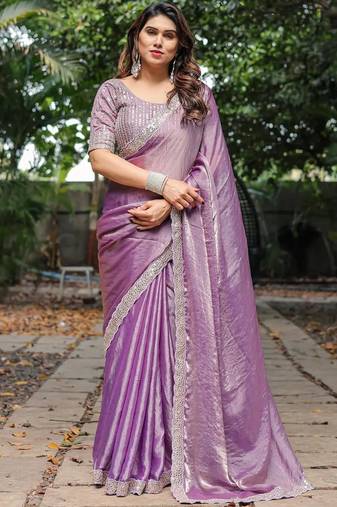 levender chiffon embroidered border saree with embroidered blouse