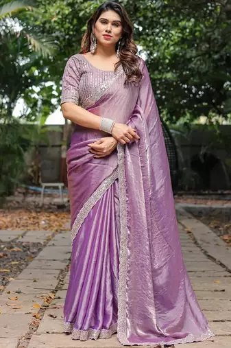 levender chiffon embroidered border saree with embroidered blouse