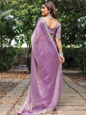 levender chiffon embroidered border saree with embroidered blouse 2