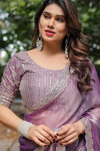 levender chiffon embroidered border saree with embroidered blouse