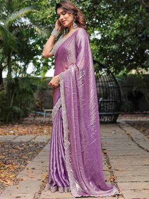 levender chiffon embroidered border saree with embroidered blouse 4