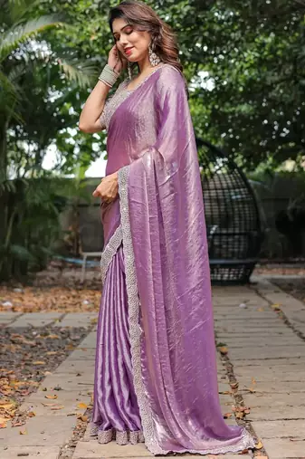 levender chiffon embroidered border saree with embroidered blouse