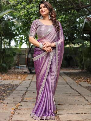 levender chiffon embroidered border saree with embroidered blouse 5