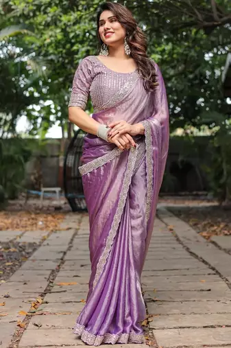 levender chiffon embroidered border saree with embroidered blouse