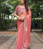 pink chiffon embroidered border saree with embroidered blouse