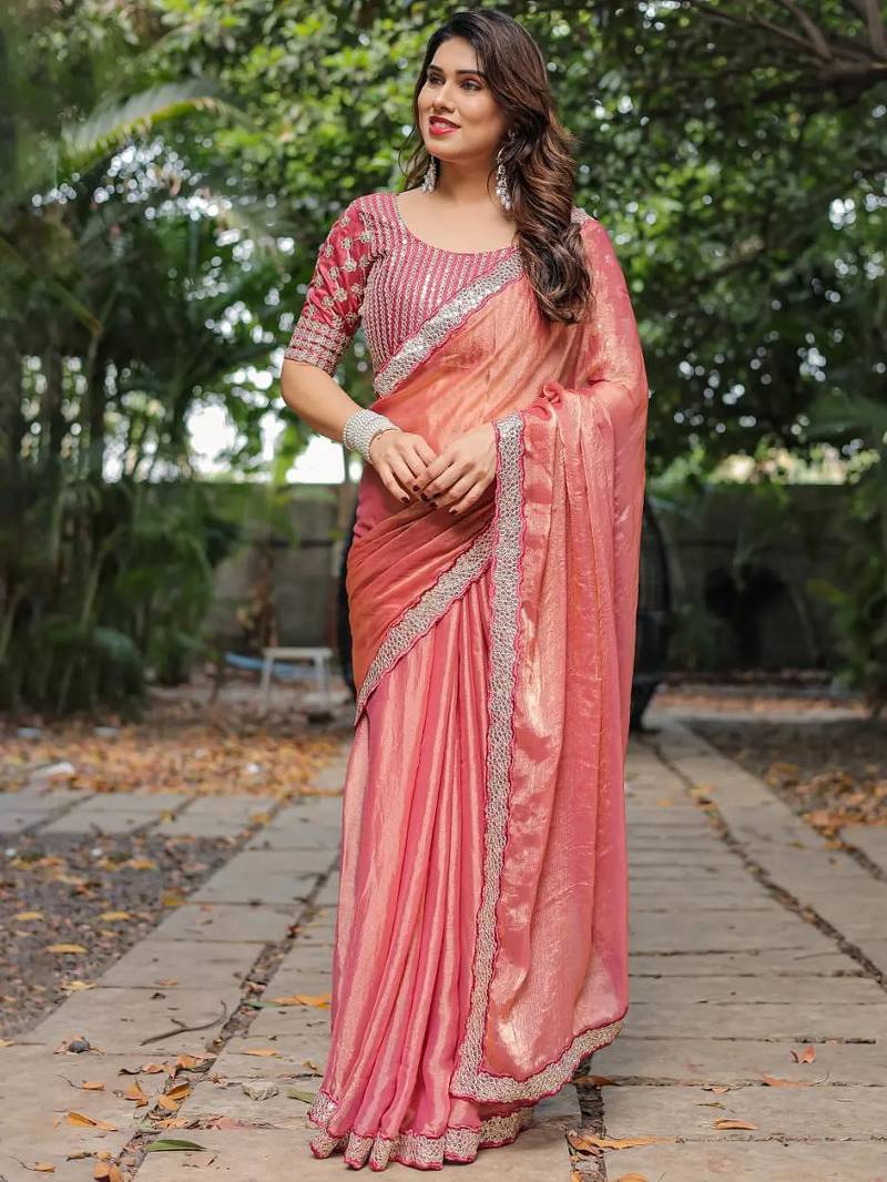 pink chiffon embroidered border saree with embroidered blouse