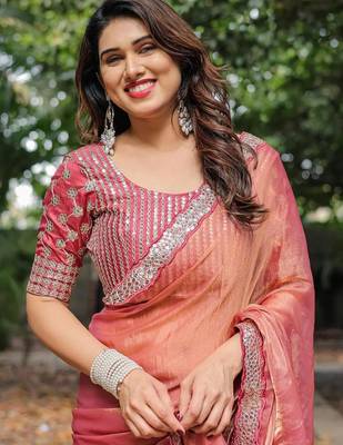 pink chiffon embroidered border saree with embroidered blouse 2