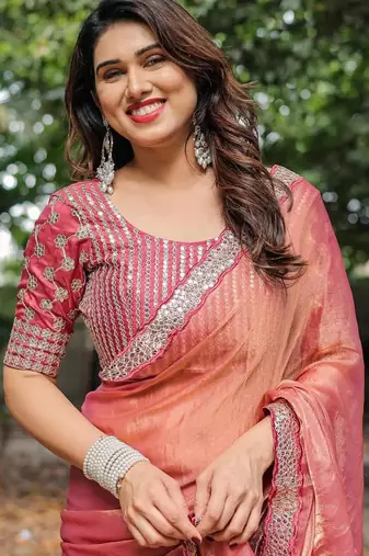 pink chiffon embroidered border saree with embroidered blouse