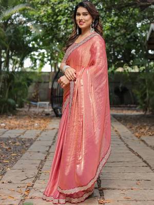 pink chiffon embroidered border saree with embroidered blouse 3