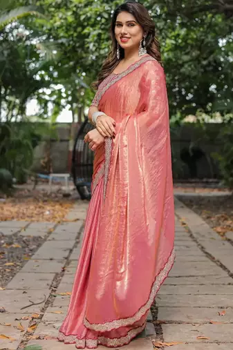 pink chiffon embroidered border saree with embroidered blouse